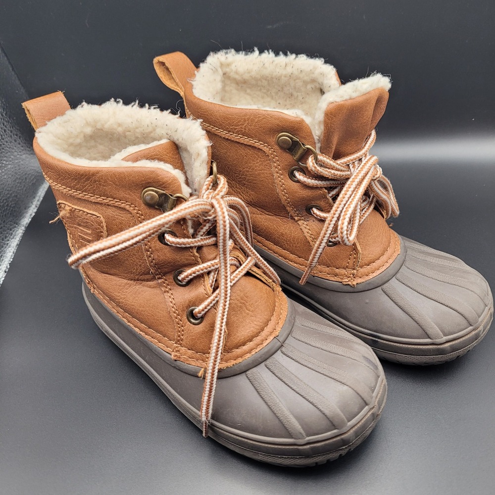 London Fog Kids Brown Grey Faux Fur Lined Duck Boots CL30613Y Size 11